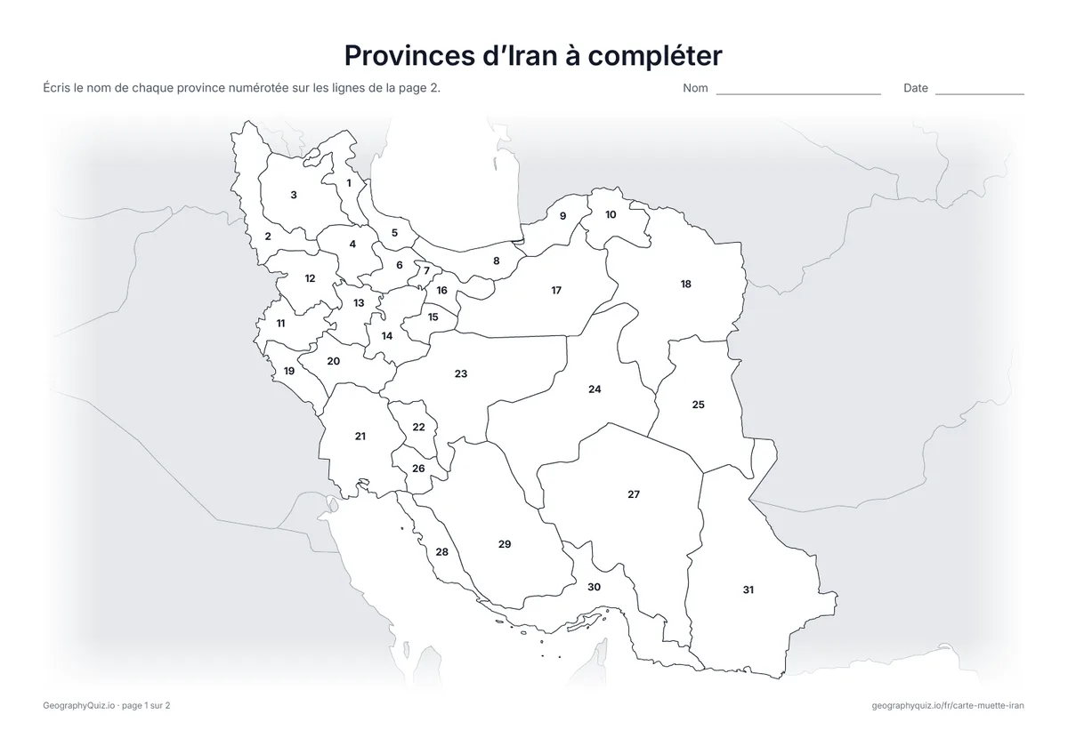 Aperçu de la fiche à imprimer « Provinces d’Iran à compléter »