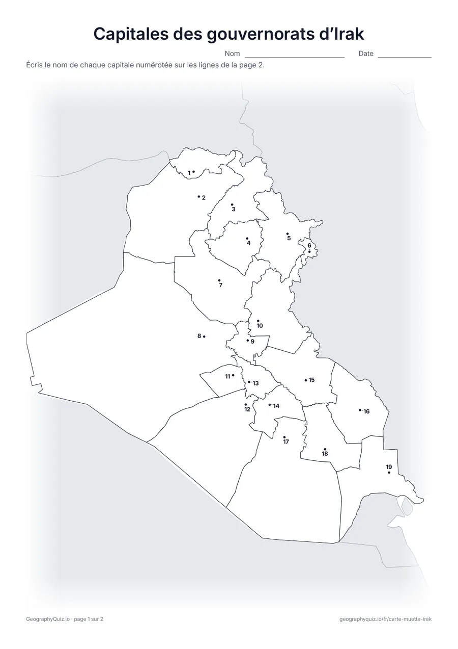 Aperçu de la fiche à imprimer « Capitales des gouvernorats d’Irak »