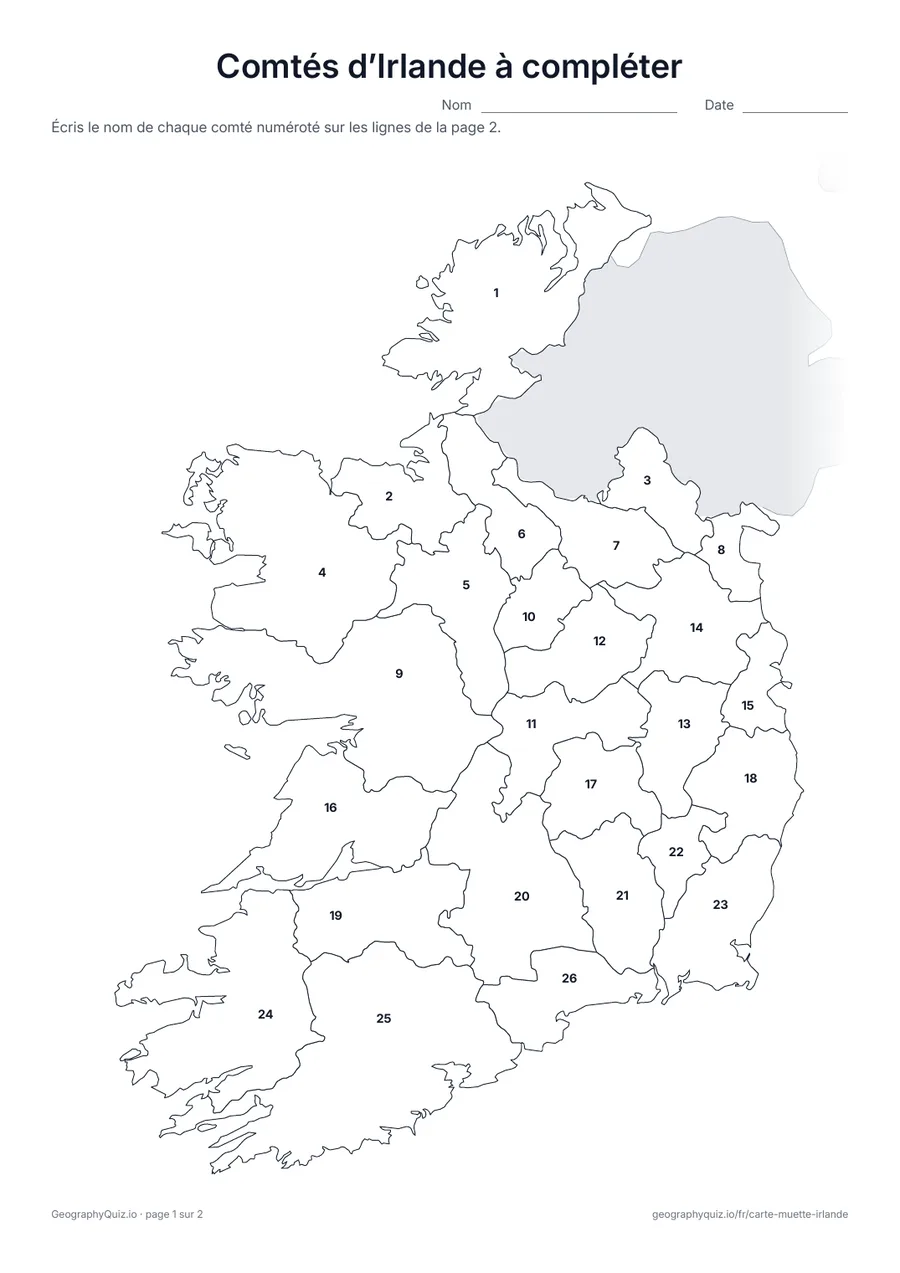 Aperçu de la fiche à imprimer « Comtés d’Irlande à compléter »