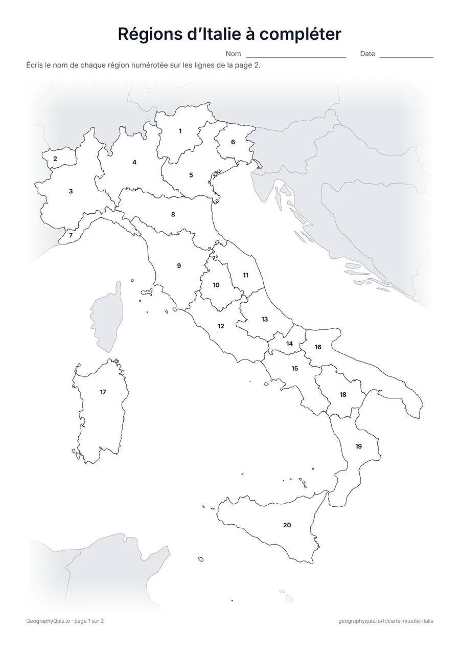 Aperçu de la fiche à imprimer « Régions d’Italie à compléter »