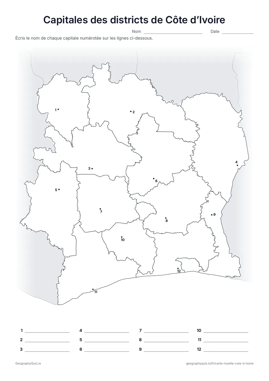 Aperçu de la fiche à imprimer « Capitales des districts de Côte d’Ivoire »