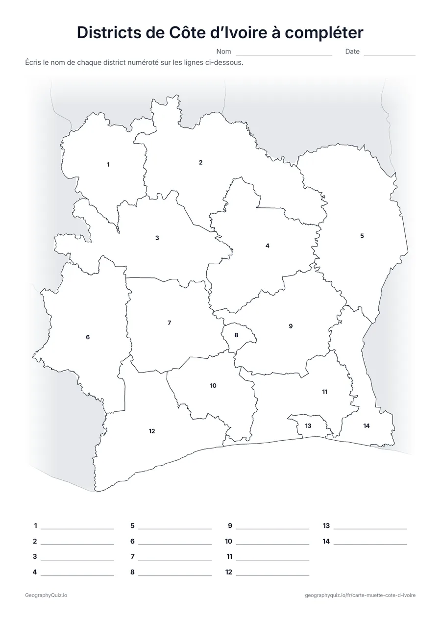 Aperçu de la fiche à imprimer « Districts de Côte d’Ivoire à compléter »