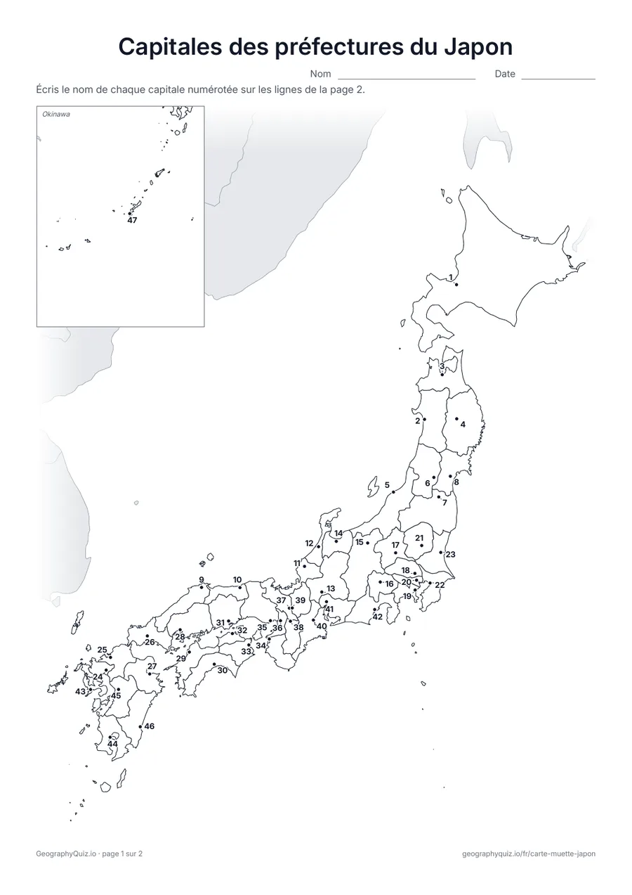 Aperçu de la fiche à imprimer « Capitales des préfectures du Japon »
