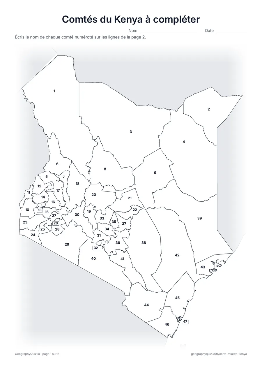 Aperçu de la fiche à imprimer « Comtés du Kenya à compléter »