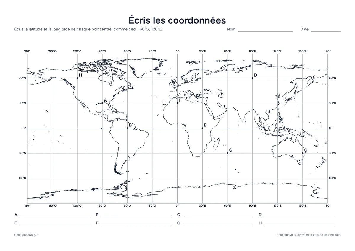 Aperçu de la fiche à imprimer « Écris les coordonnées »: Huit points lettrés là où les lignes se croisent