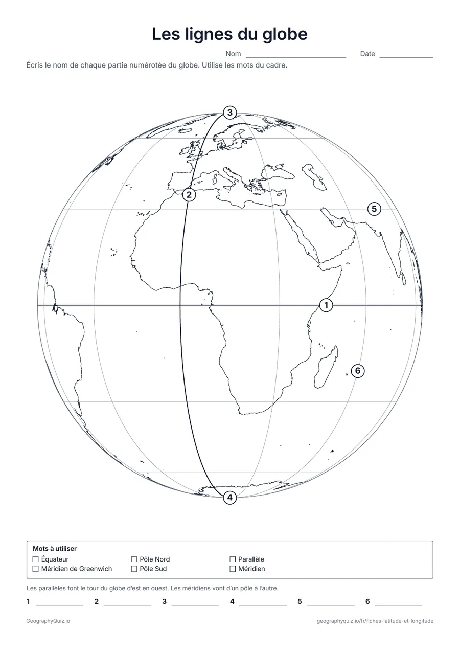 Aperçu de la fiche à imprimer « Les lignes du globe »: Un globe avec des lignes tous les 30°