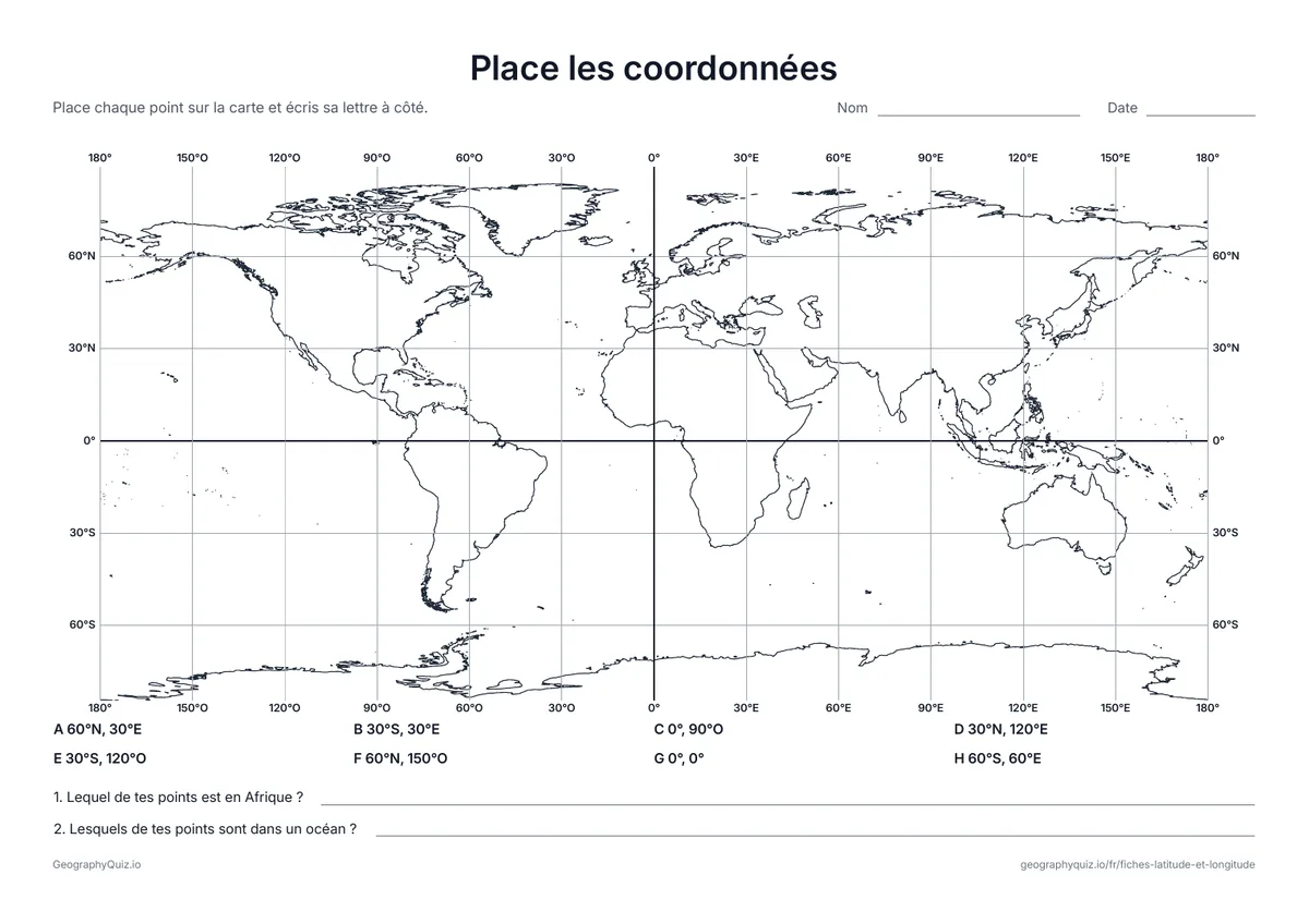 Aperçu de la fiche à imprimer « Place les coordonnées »: Huit coordonnées à placer sur une grille du monde, puis deux questions sur l’endroit où tombent les points