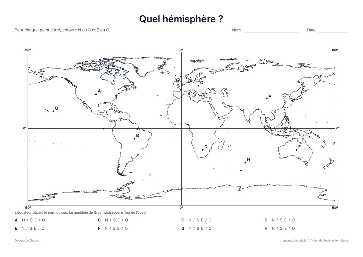 Aperçu de la fiche à imprimer « Quel hémisphère ? »: L’équateur et le méridien de Greenwich divisent la carte en quatre