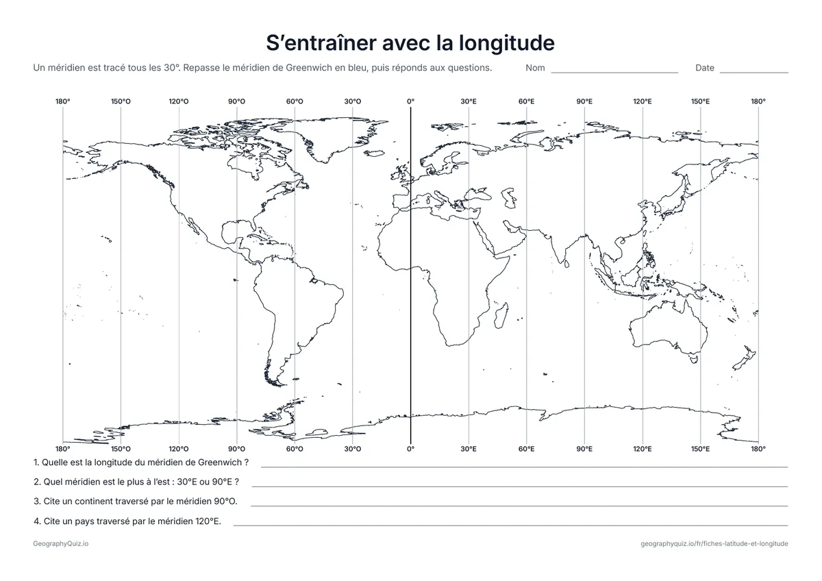 Aperçu de la fiche à imprimer « S’entraîner avec la longitude »: Une carte du monde avec un méridien tous les 30°, noté en haut et en bas, et quatre questions pour apprendre à les lire