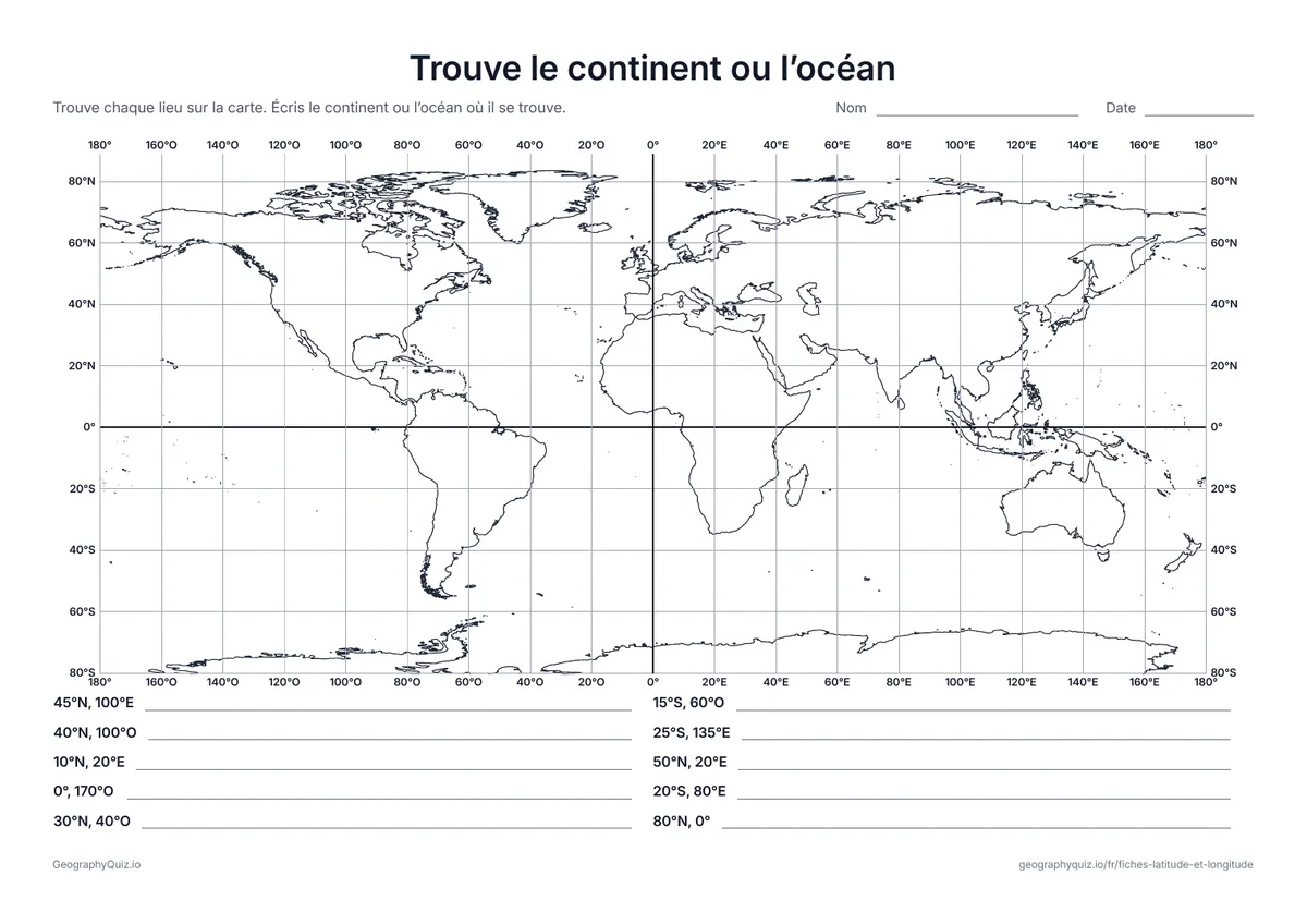 Aperçu de la fiche à imprimer « Trouve le continent ou l’océan »: Dix coordonnées sur une grille de 20°