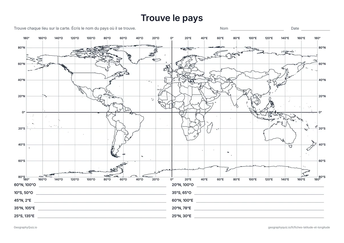 Aperçu de la fiche à imprimer « Trouve le pays »: Dix coordonnées sur une carte du monde avec les frontières