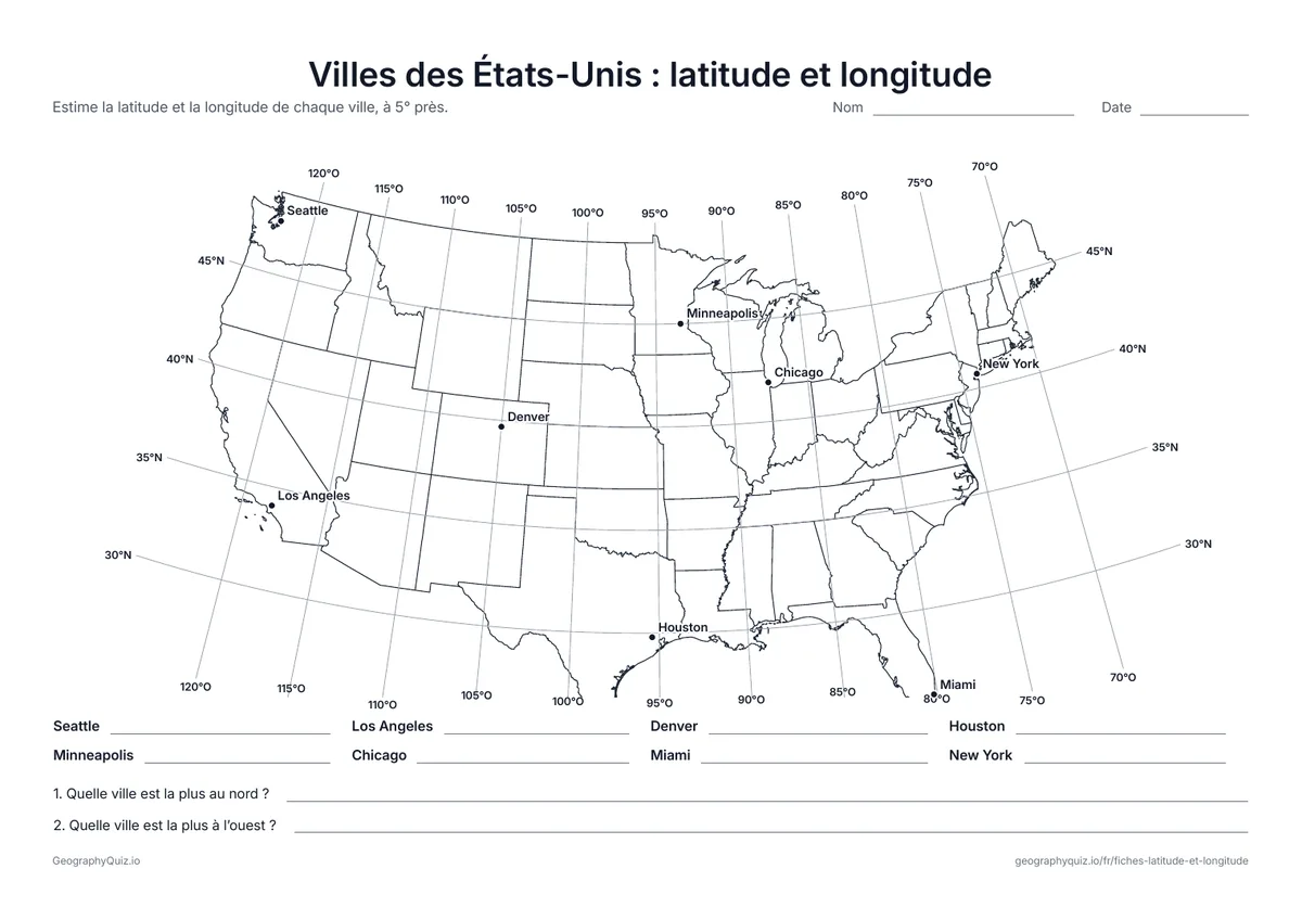 Aperçu de la fiche à imprimer « Villes des États-Unis : latitude et longitude »: Une carte des 48 États contigus avec des lignes tous les 5°