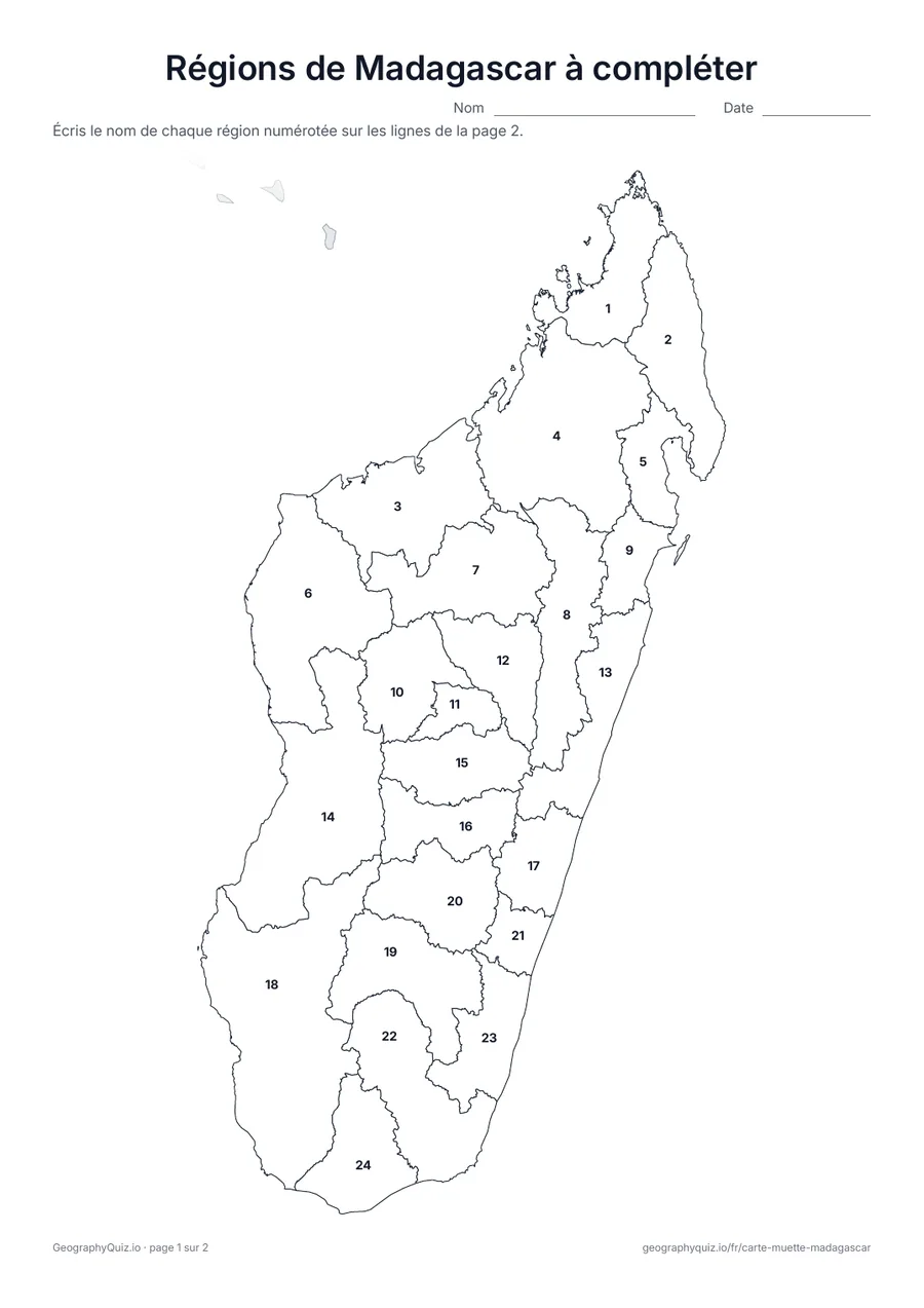 Aperçu de la fiche à imprimer « Régions de Madagascar à compléter »