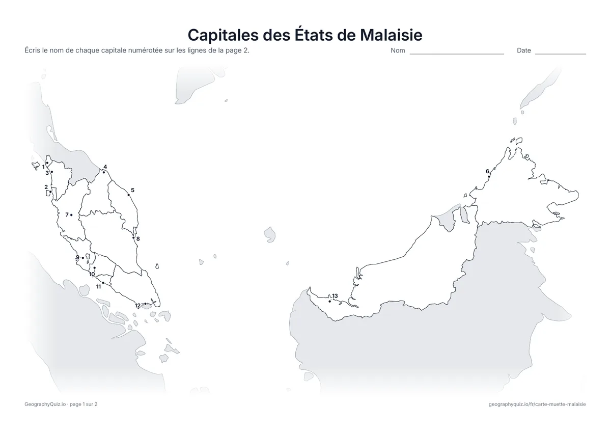 Aperçu de la fiche à imprimer « Capitales des États de Malaisie »