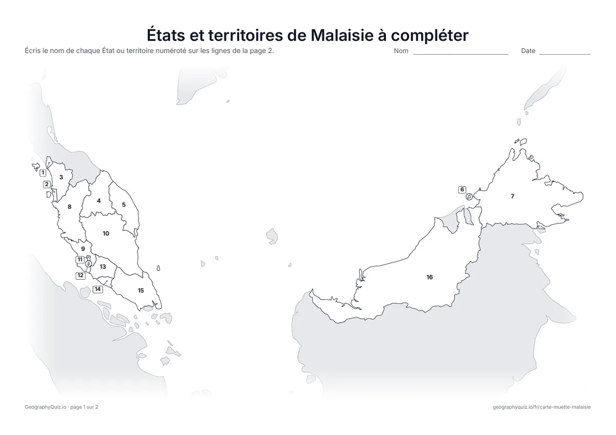 Aperçu de la fiche à imprimer « États et territoires de Malaisie à compléter »