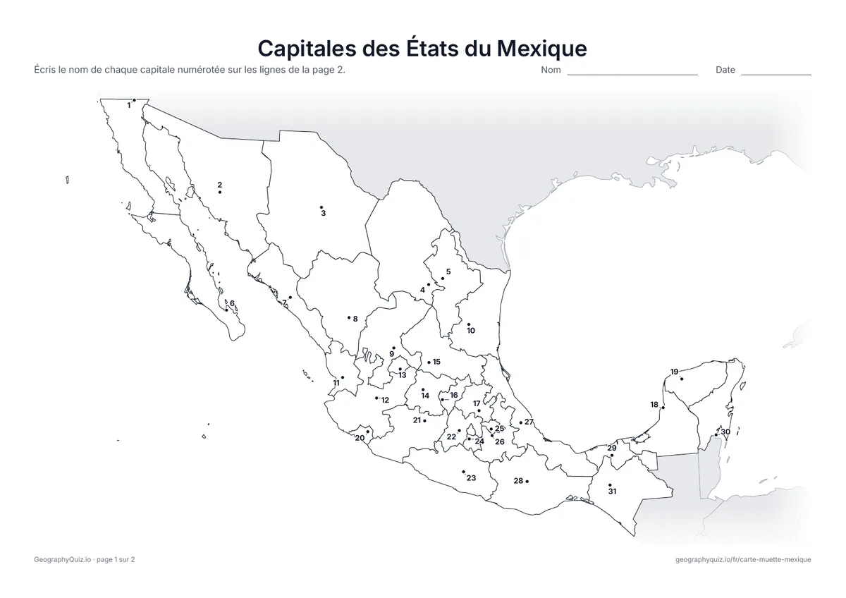 Aperçu de la fiche à imprimer « Capitales des États du Mexique »