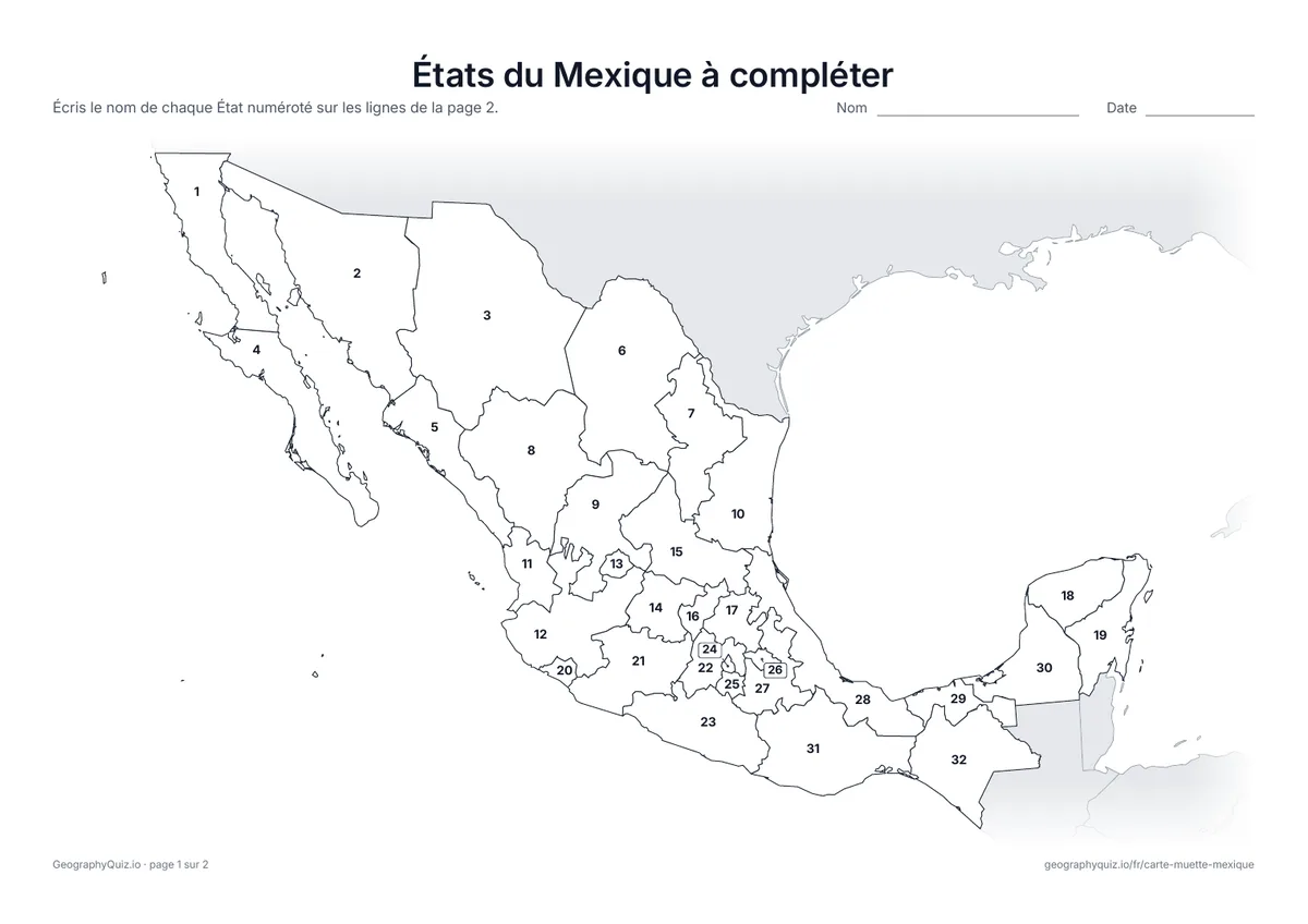 Aperçu de la fiche à imprimer « États du Mexique à compléter »