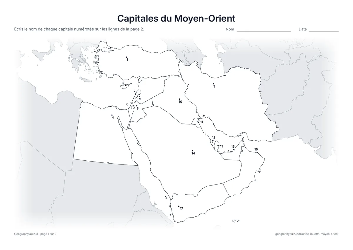 Aperçu de la fiche à imprimer « Capitales du Moyen-Orient »