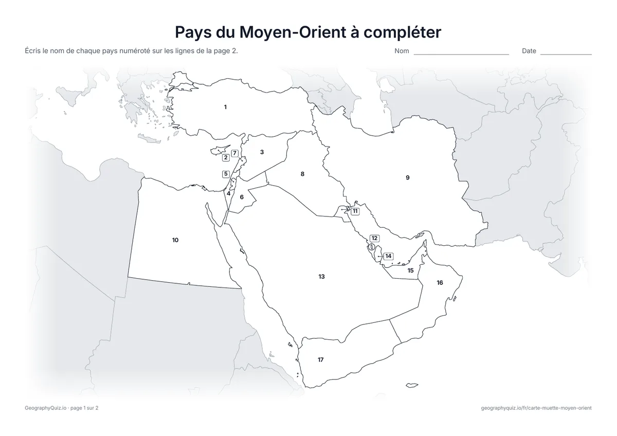 Aperçu de la fiche à imprimer « Pays du Moyen-Orient à compléter »