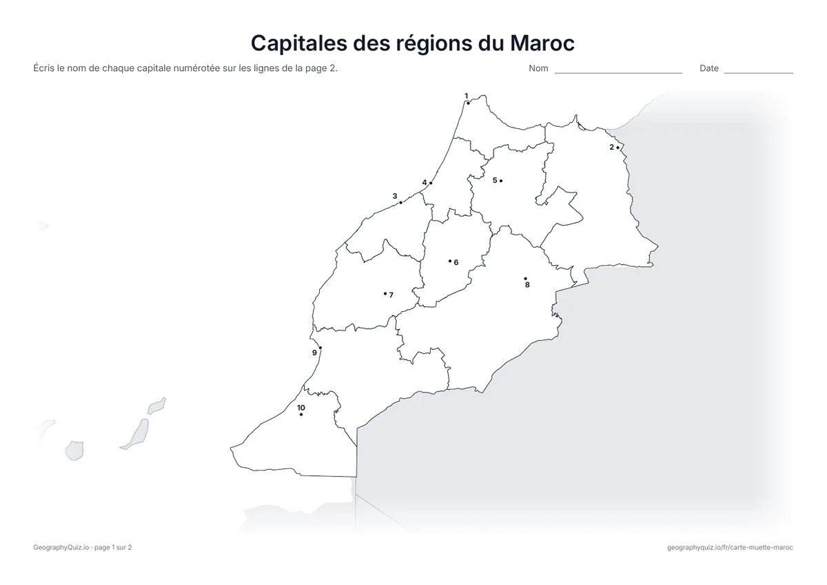 Aperçu de la fiche à imprimer « Capitales des régions du Maroc »