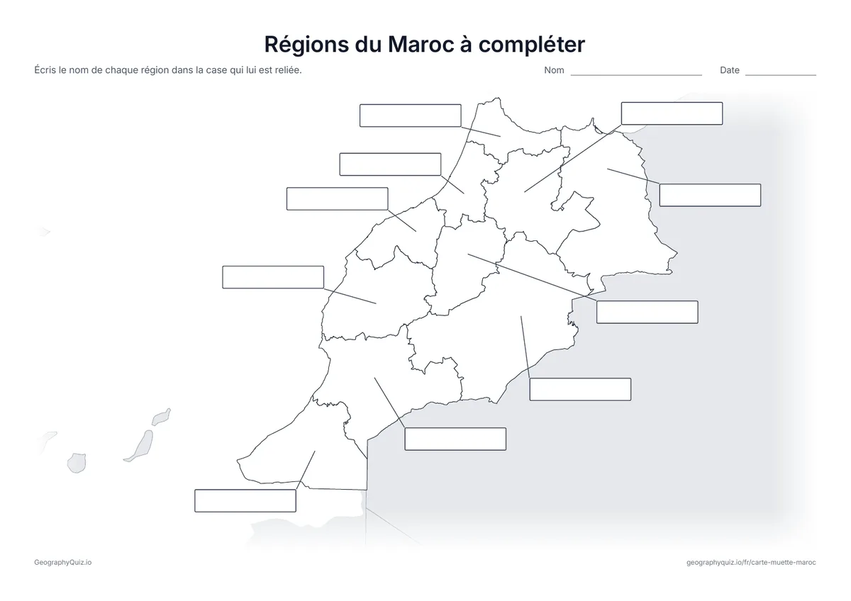 Aperçu de la fiche à imprimer « Régions du Maroc à compléter »