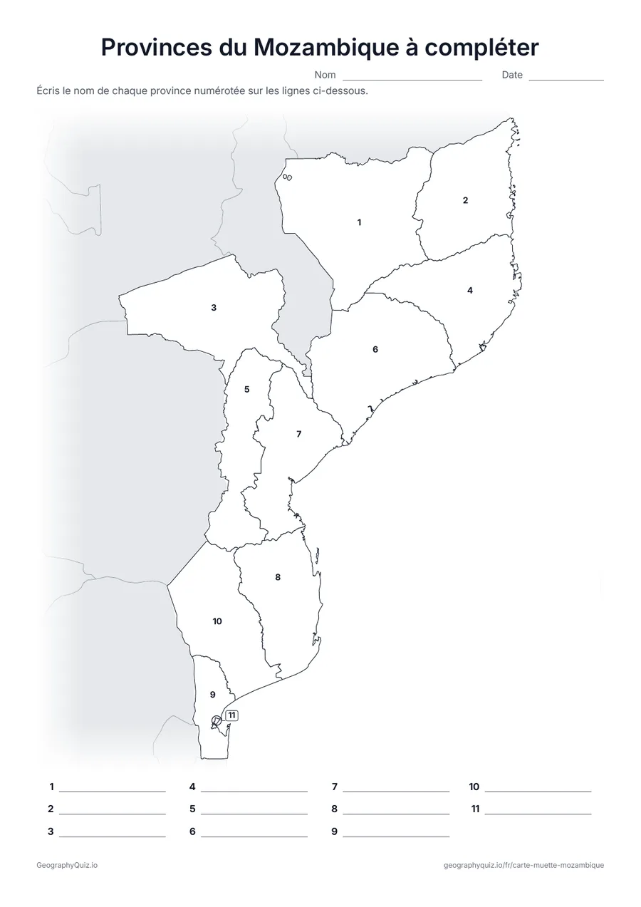 Aperçu de la fiche à imprimer « Provinces du Mozambique à compléter »