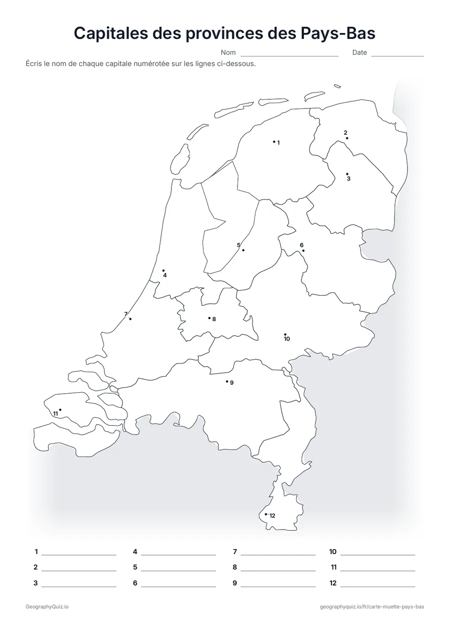 Aperçu de la fiche à imprimer « Capitales des provinces des Pays-Bas »