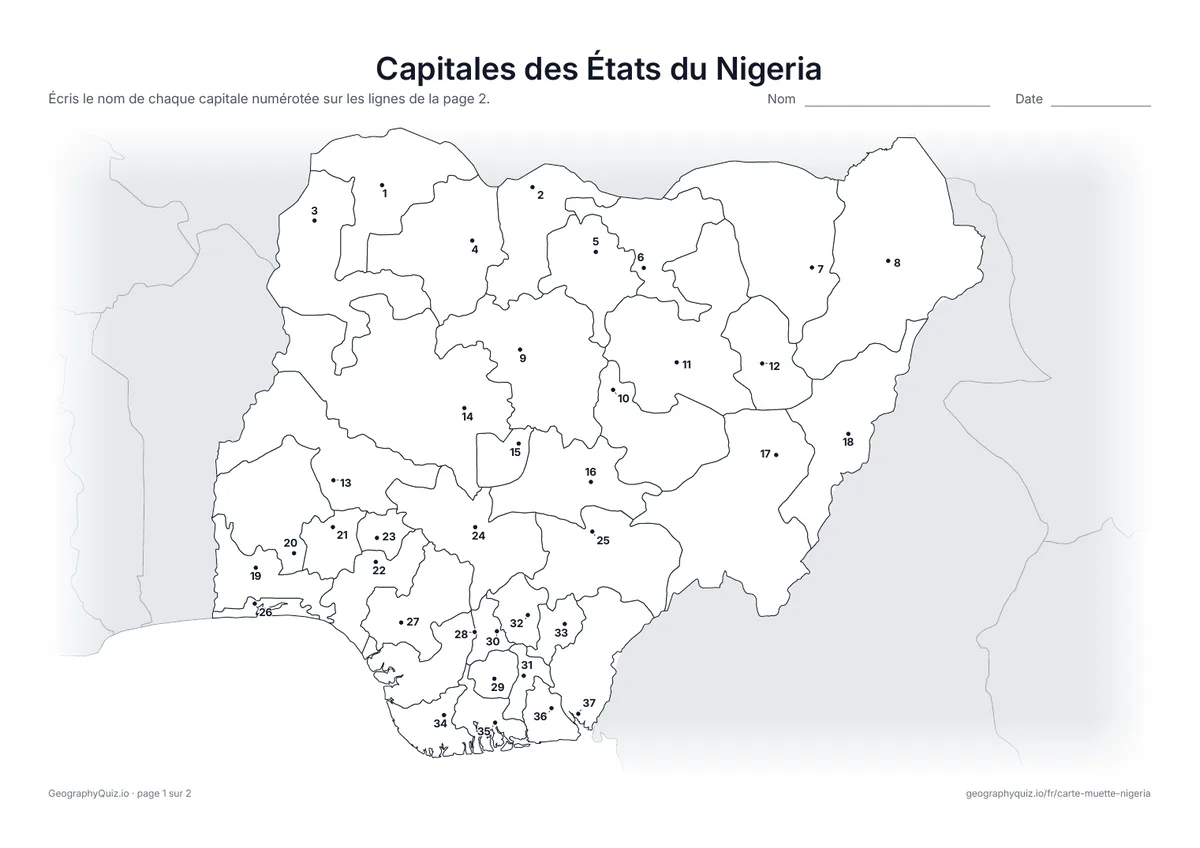 Aperçu de la fiche à imprimer « Capitales des États du Nigeria »