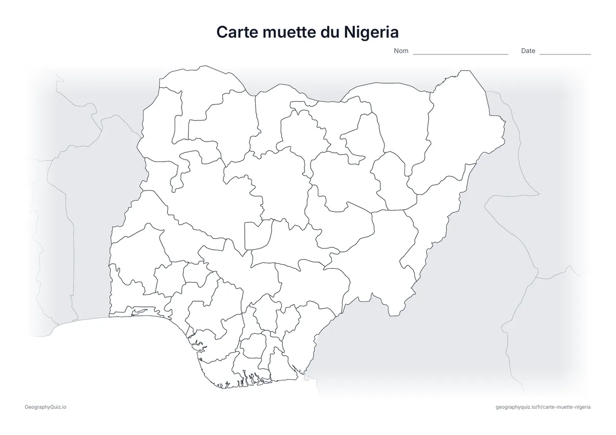 Aperçu d’une carte muette à imprimer : le Nigeria