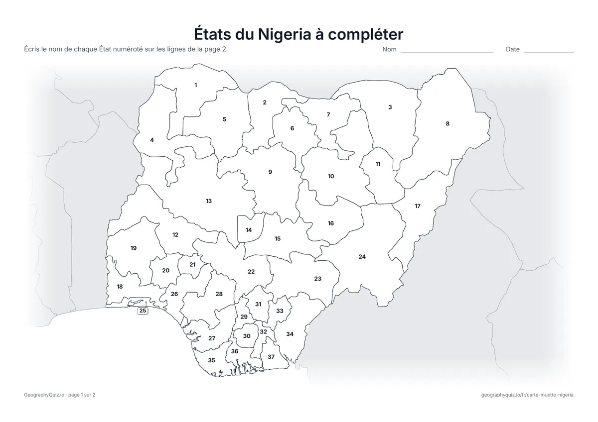 Aperçu de la fiche à imprimer « États du Nigeria à compléter »