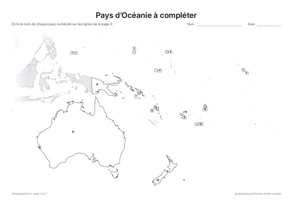 Aperçu de la fiche à imprimer « Pays d’Océanie à compléter »