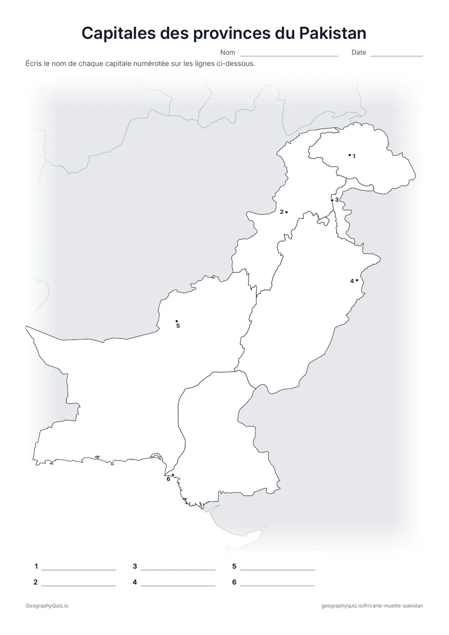Aperçu de la fiche à imprimer « Capitales des provinces du Pakistan »