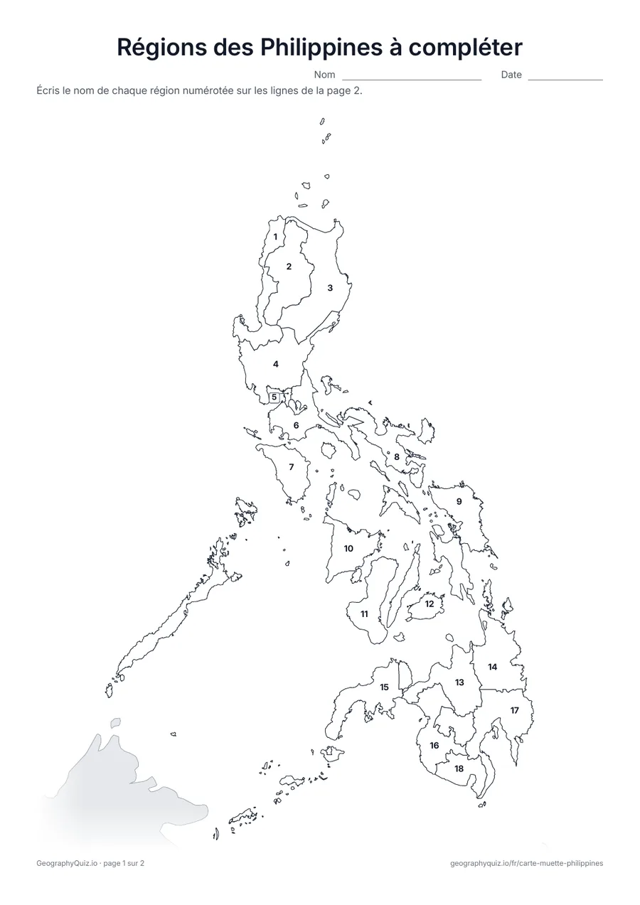 Aperçu de la fiche à imprimer « Régions des Philippines à compléter »
