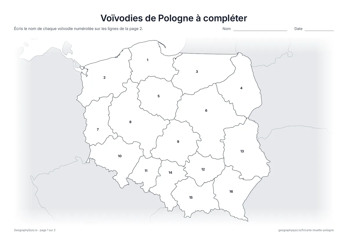 Aperçu de la fiche à imprimer « Voïvodies de Pologne à compléter »