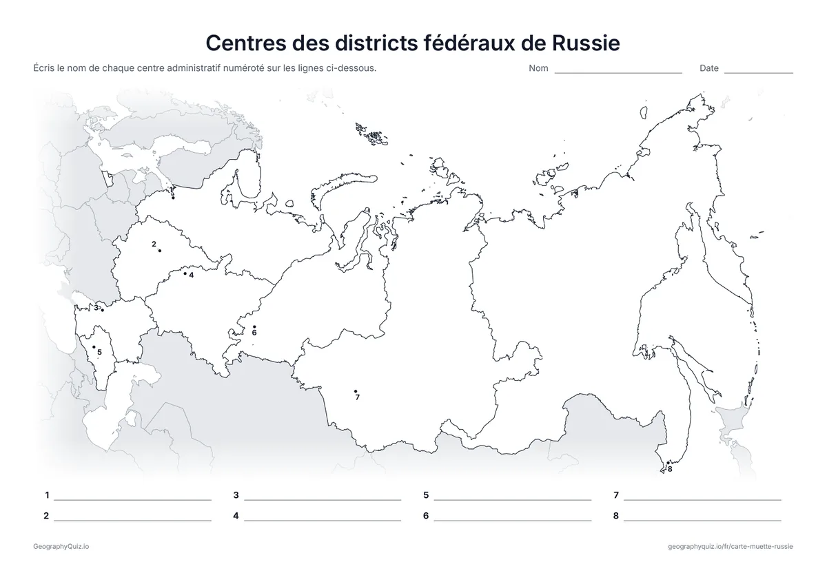 Aperçu de la fiche à imprimer « Centres des districts fédéraux de Russie »