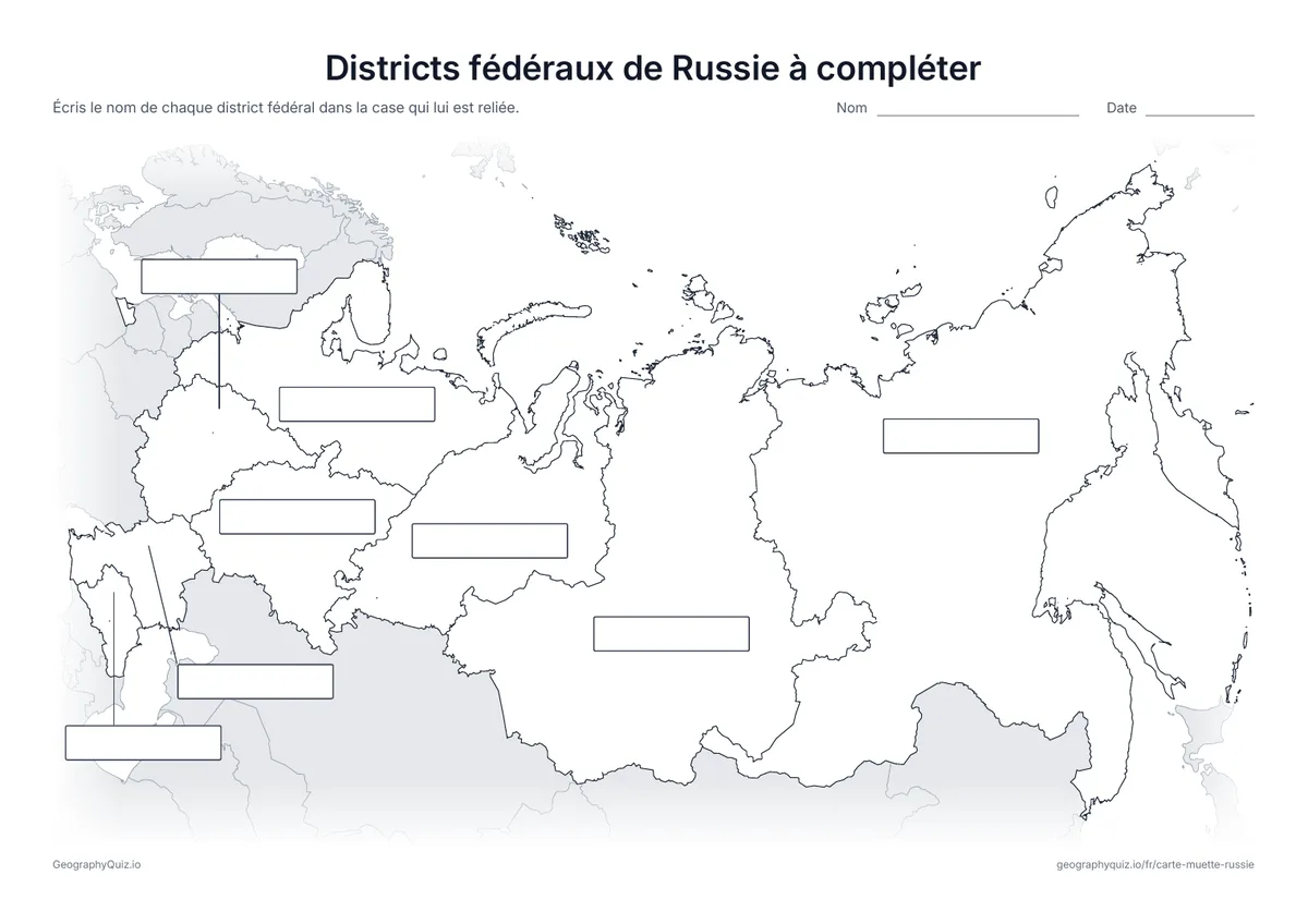 Aperçu de la fiche à imprimer « Districts fédéraux de Russie à compléter »