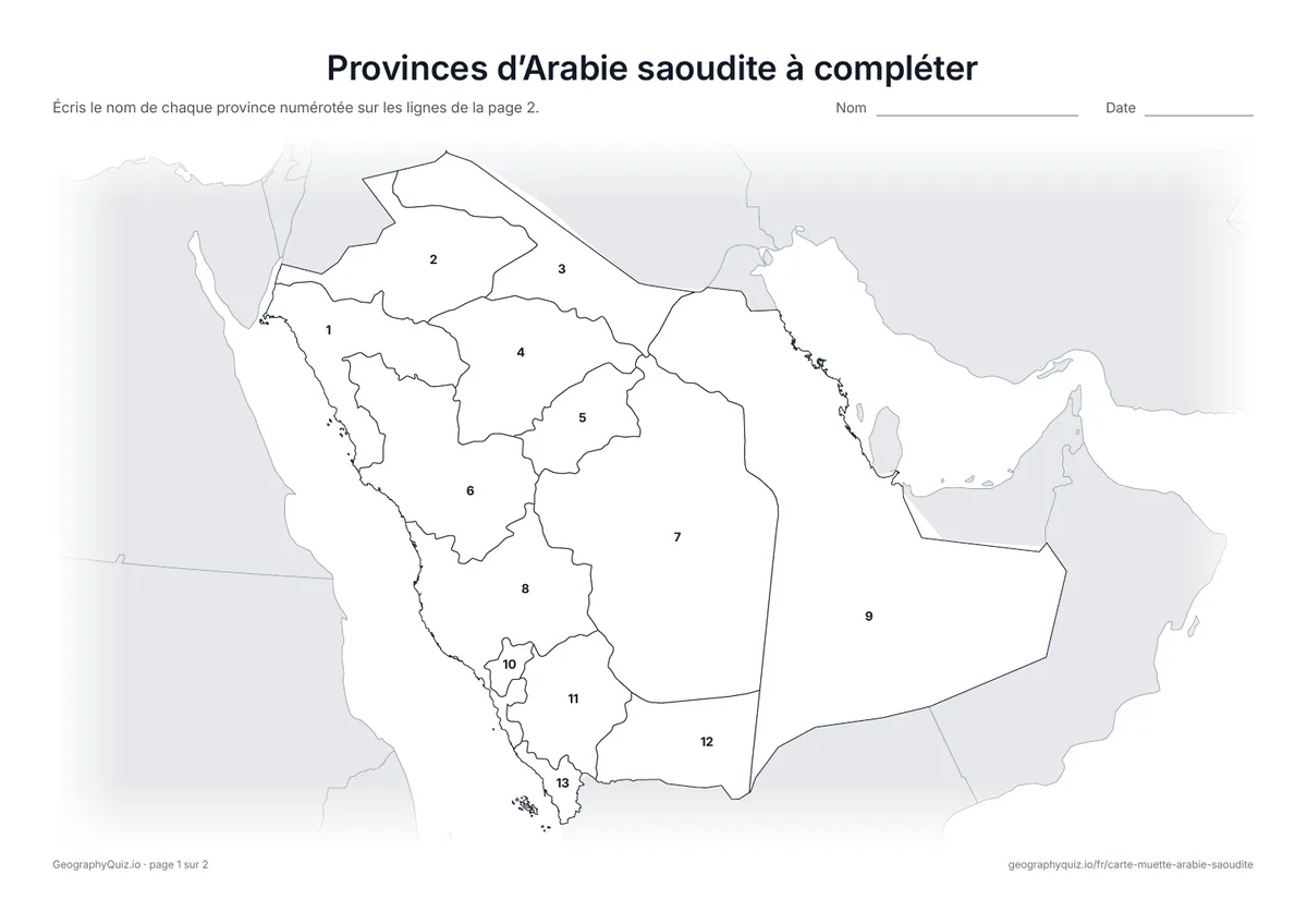 Aperçu de la fiche à imprimer « Provinces d’Arabie saoudite à compléter »