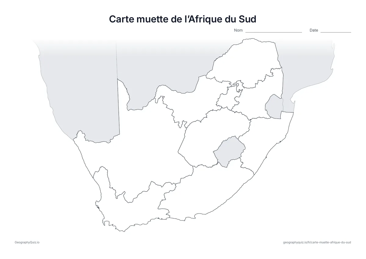 Aperçu d’une carte muette à imprimer : l’Afrique du Sud