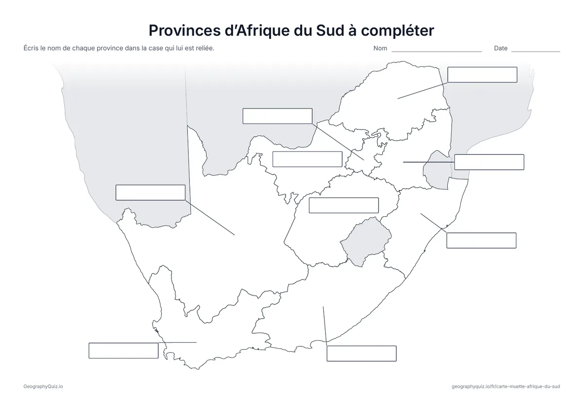Aperçu de la fiche à imprimer « Provinces d’Afrique du Sud à compléter »