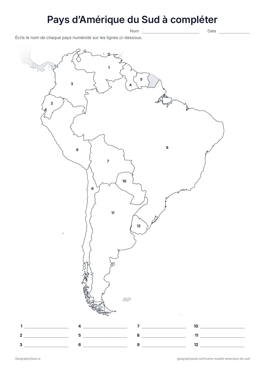 Aperçu de la fiche à imprimer « Pays d’Amérique du Sud à compléter »