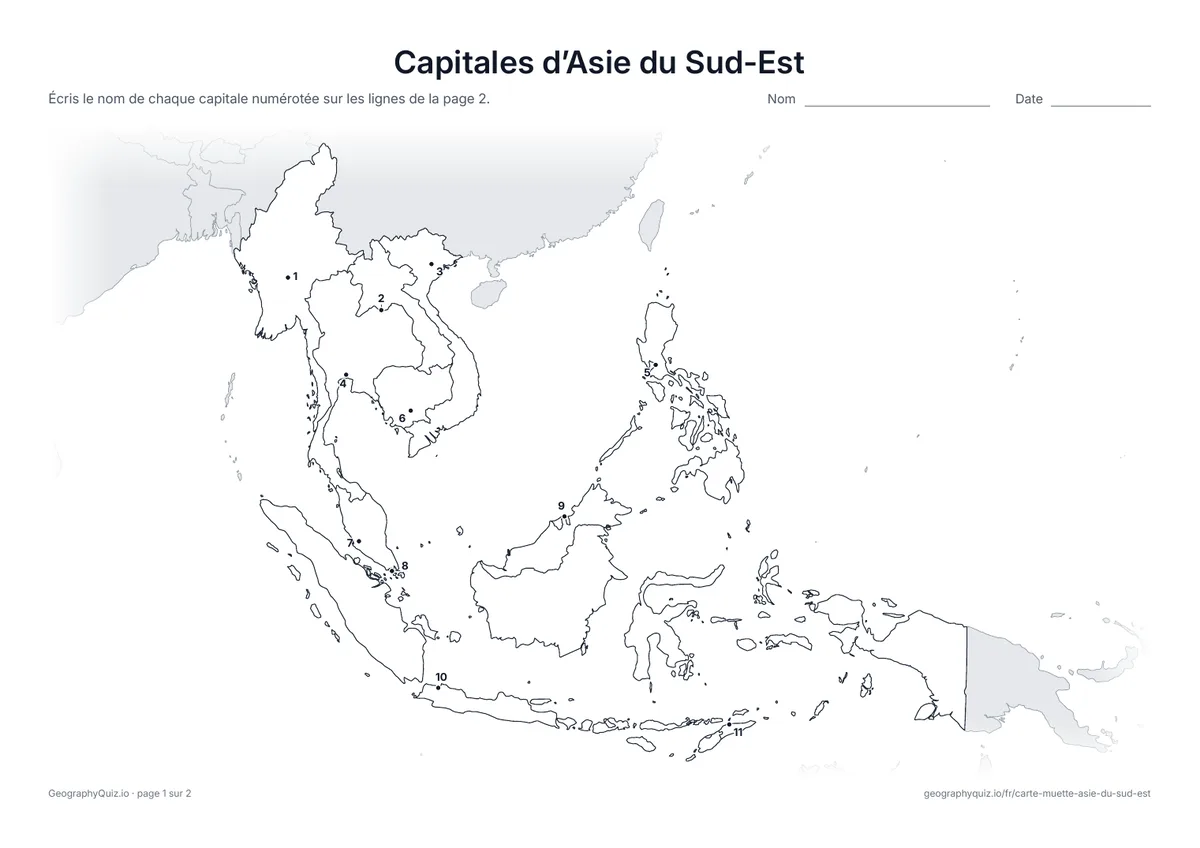 Aperçu de la fiche à imprimer « Capitales d’Asie du Sud-Est »