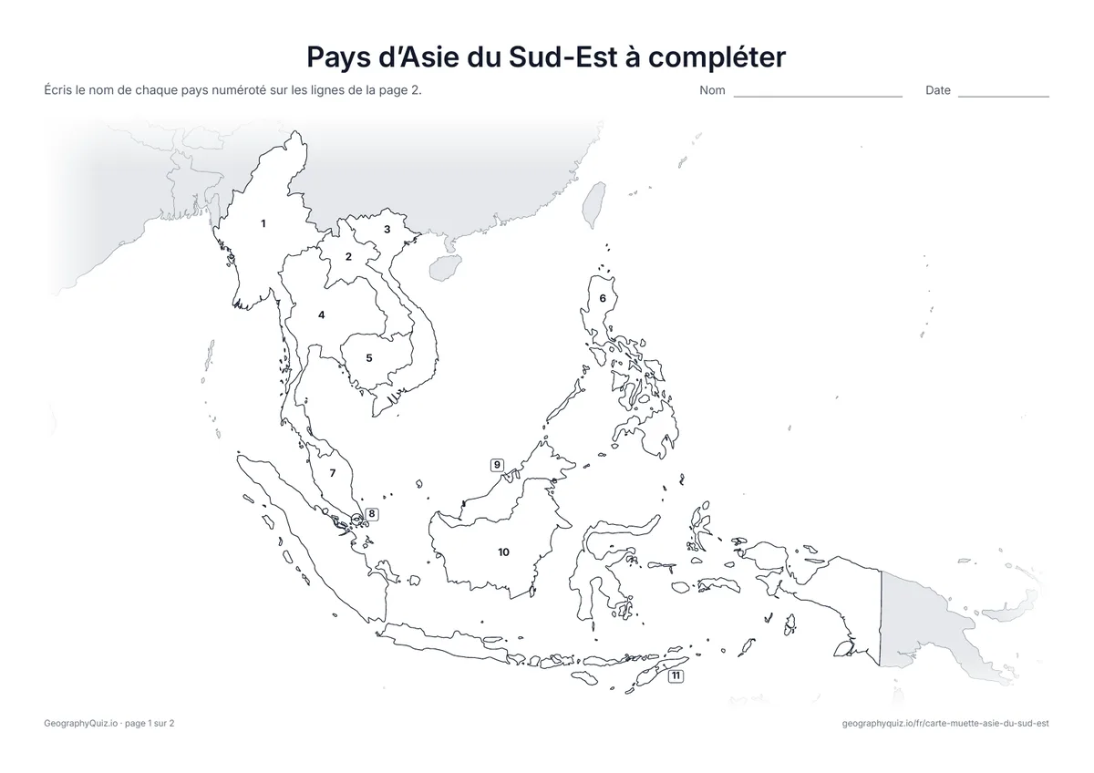 Aperçu de la fiche à imprimer « Pays d’Asie du Sud-Est à compléter »