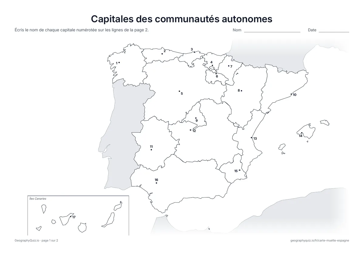Aperçu de la fiche à imprimer « Capitales des communautés autonomes »