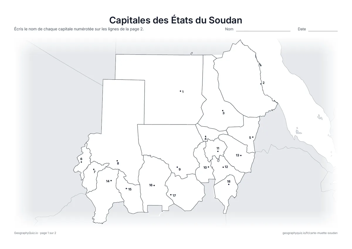 Aperçu de la fiche à imprimer « Capitales des États du Soudan »