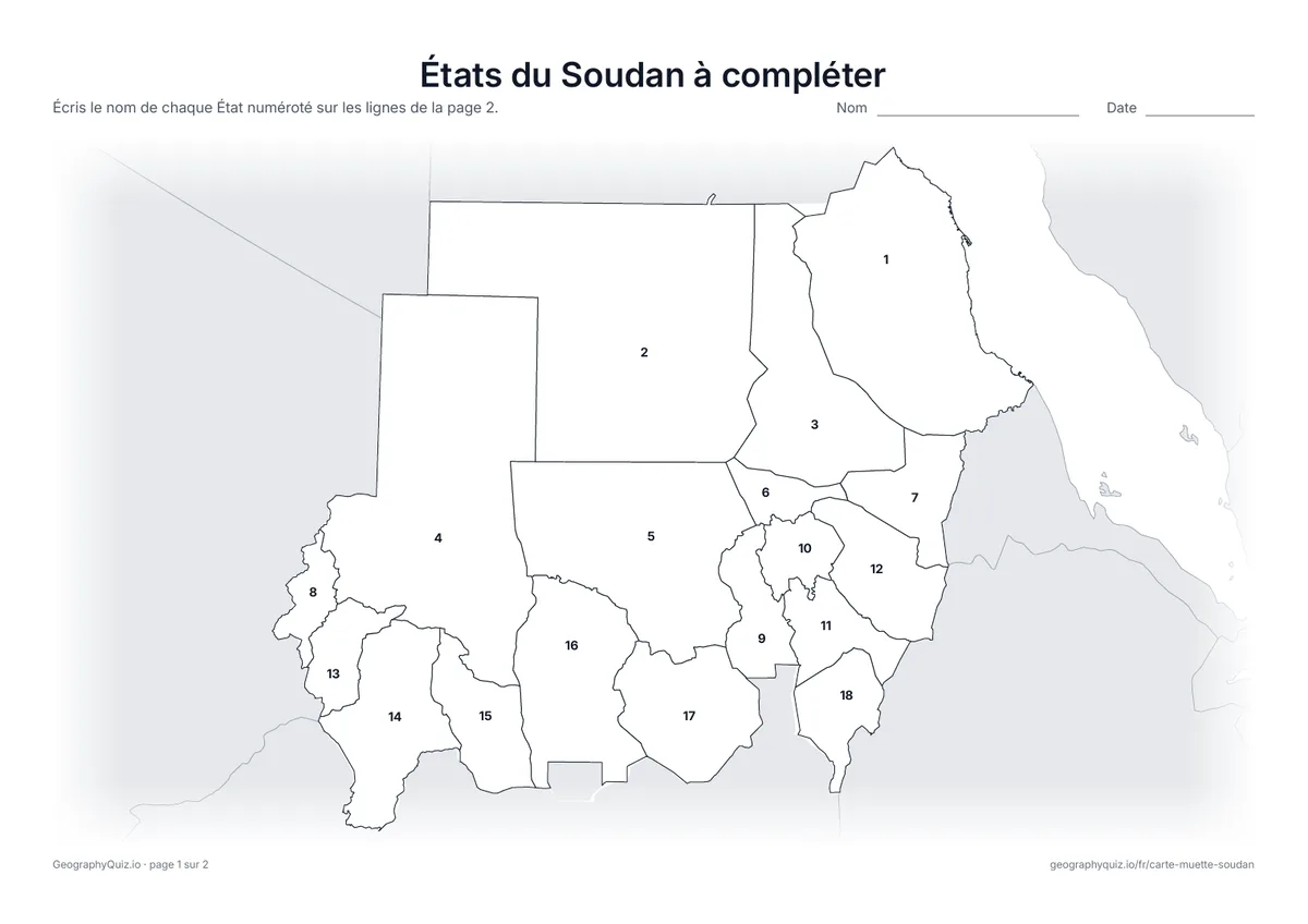 Aperçu de la fiche à imprimer « États du Soudan à compléter »
