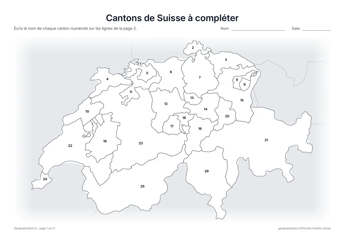 Aperçu de la fiche à imprimer « Cantons de Suisse à compléter »