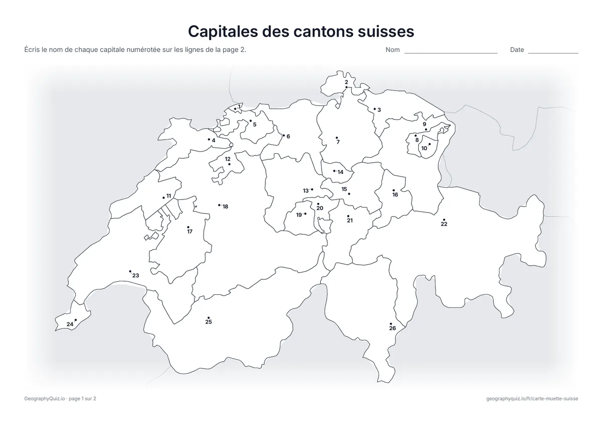 Aperçu de la fiche à imprimer « Capitales des cantons suisses »