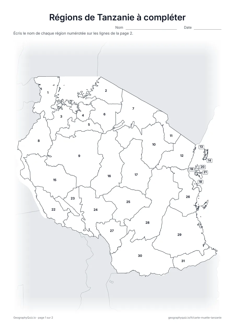 Aperçu de la fiche à imprimer « Régions de Tanzanie à compléter »