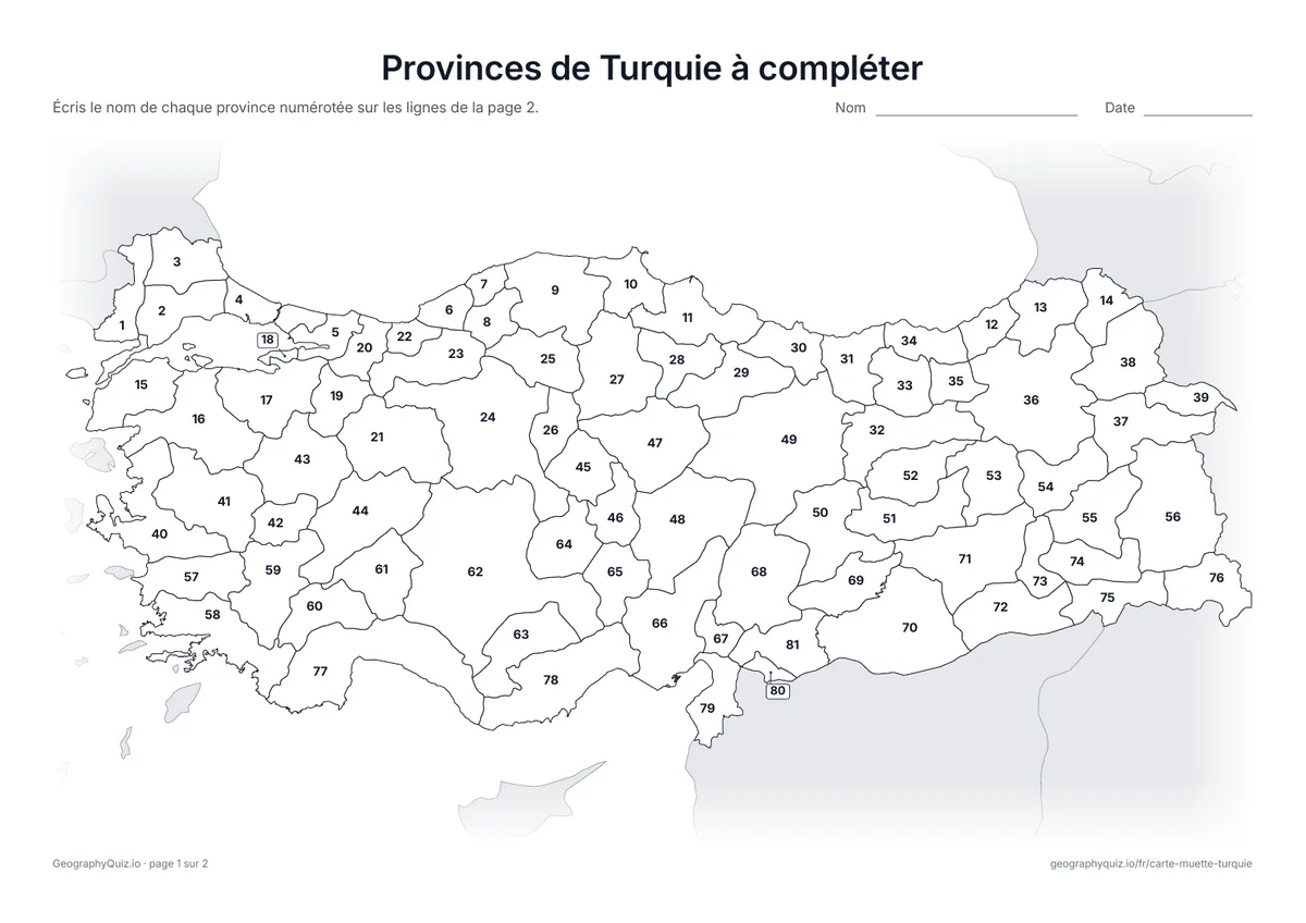 Aperçu de la fiche à imprimer « Provinces de Turquie à compléter »