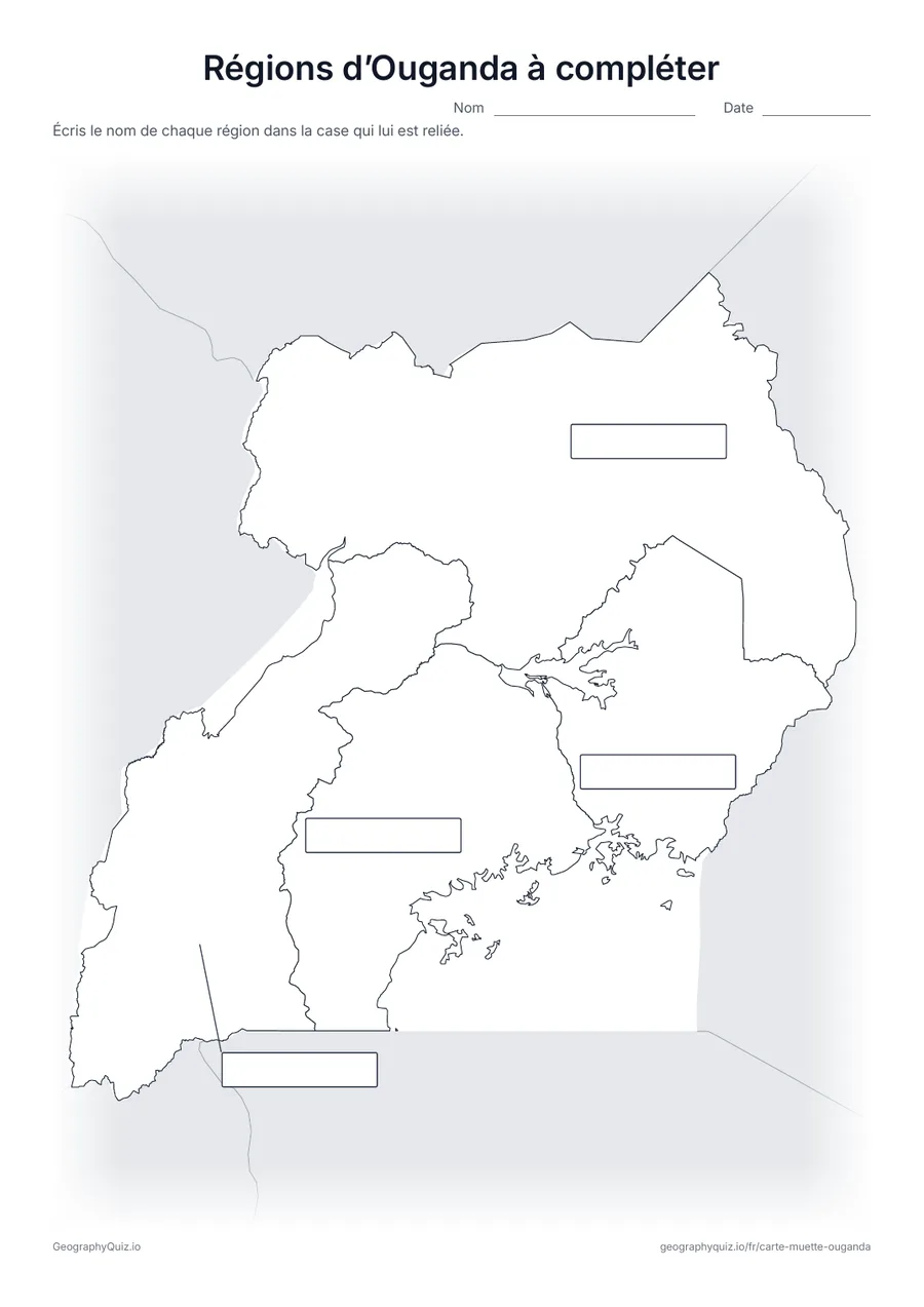 Aperçu de la fiche à imprimer « Régions d’Ouganda à compléter »